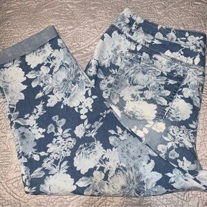 Floral Print Denim Jeans Acid Wash Blue Cyanotype Print